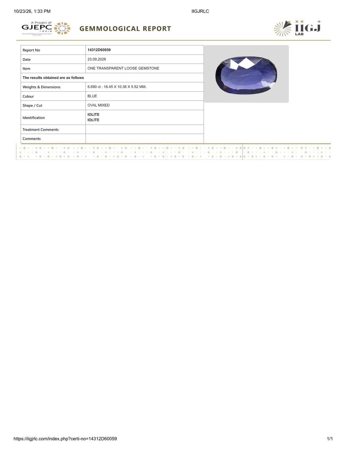 Natural Iolite(Neeli) 6.69 Carats / 7.43 Ratti