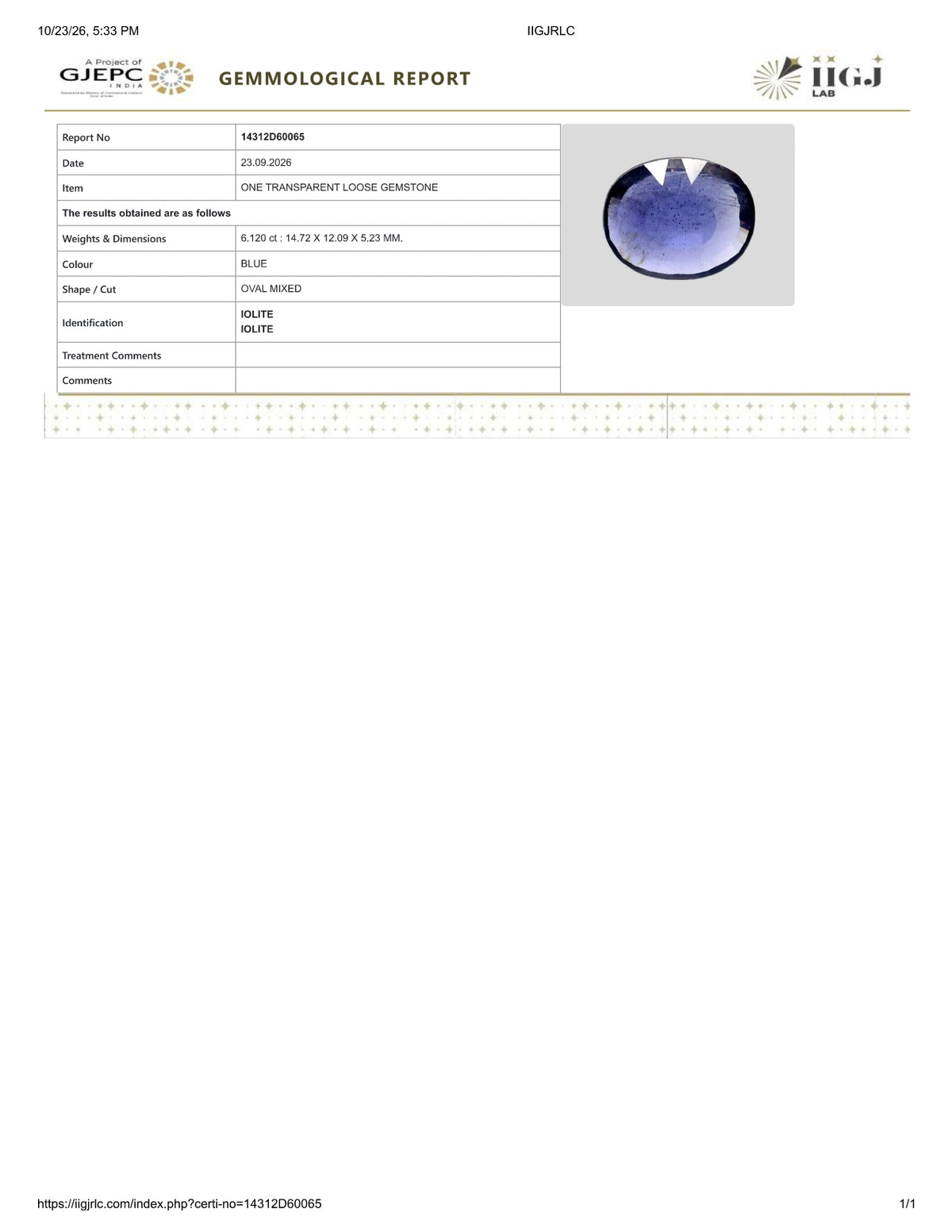 Natural Iolite(Neeli) 6.12 Carats / 6.8 Ratti