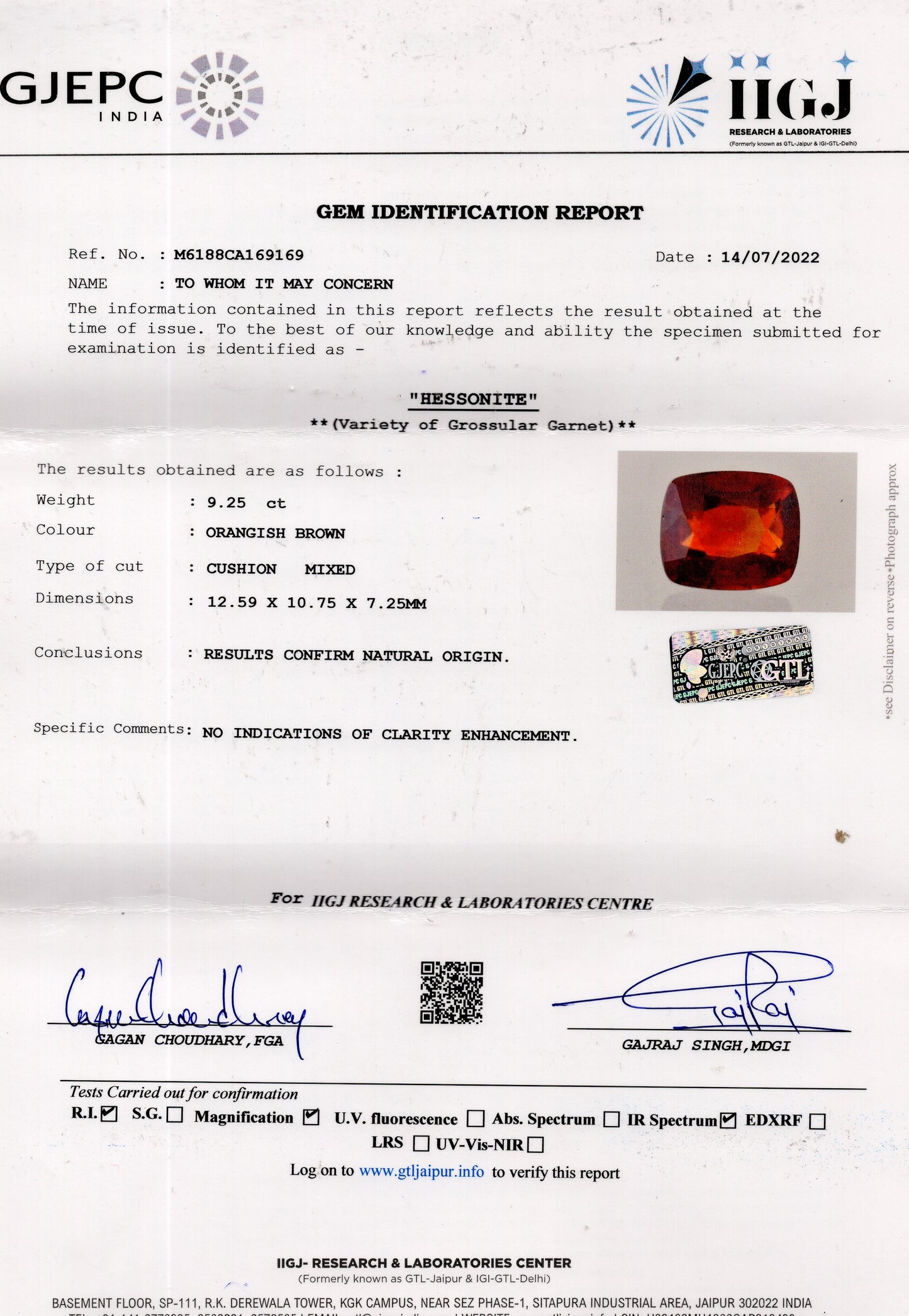 
                    
                      NATURAL HESSONITE (GOMED) 9.25  CARATS - Media 6
                    
                  