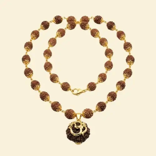 5 Mukhi Nepali Rudraksha Gold-Plated Cap Bead Mala with Om Pendant