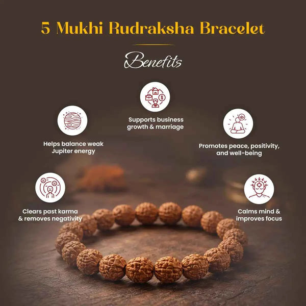 5 mukhi rudraksha bracelet acharya lavbhushan, rudraksha bead bracelet, universal rudraksha, peace clarity symbol, spiritual protection bracelet, meditation wear rudraksha, daily wear spiritual bracelet, sacred rudraksha jewelry, benefits