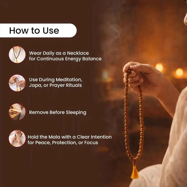 5 mukhi rudraksha mala acharya lavbhushan, rudraksha mala 108 beads, shiva rudraksha mala, meditation japa mala, spiritual prayer beads, focus calm energy, lightweight rudraksha mala, daily sadhana mala, how to use 