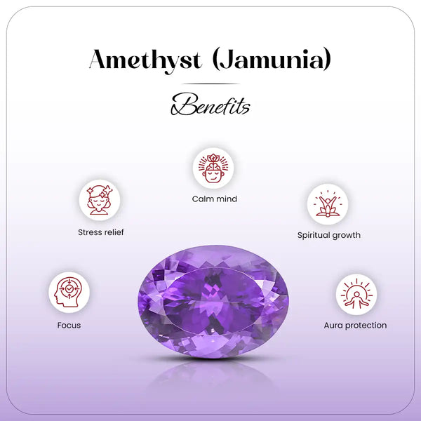 amethyst gemstone natural, jamunia stone original, calming gemstone amethyst, stress relief crystal, peace of mind gemstone, spiritual growth crystal, meditation gemstone amethyst, vastu gemstone amethyst, amethyst by acharya lavbhushan, benefits