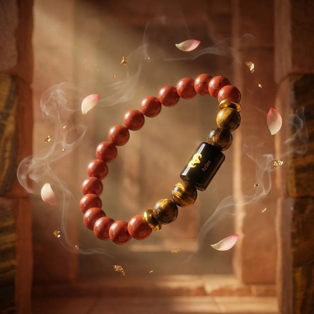 Aries Rashi Bracelet Red Jasper and Tiger Eye beads worn on the wrist