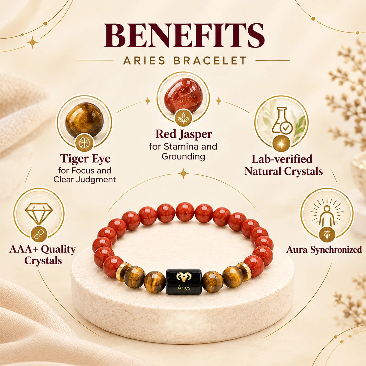 Aries (Mesh) Rashi Bracelet – Natural Red Jasper & Tiger Eye