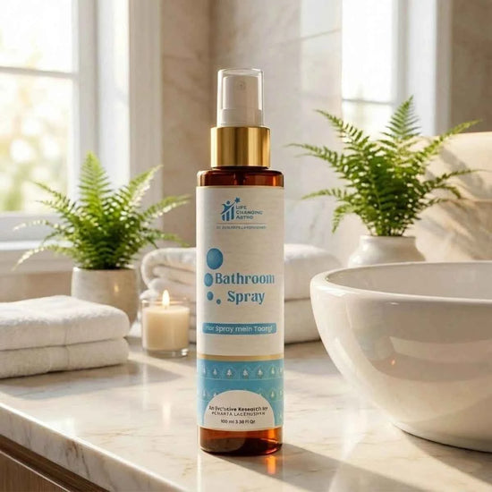 bathroom spray acharya lavbhushan, bathroom energy cleanse, washroom negativity remover, citrus essential oil spray, natural bathroom freshener, odour control spray, washroom energy balance, spiritual cleansing spray