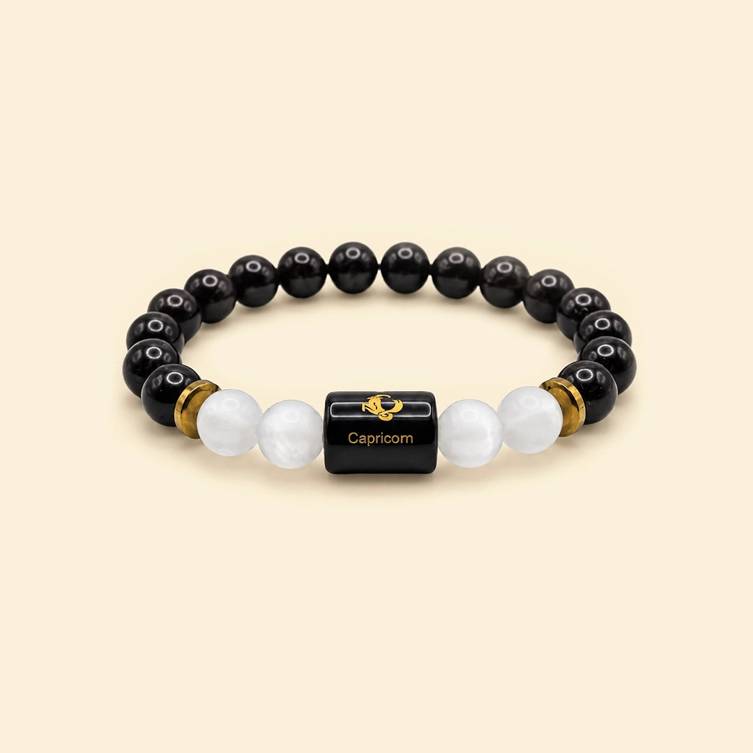Capricorn (Makar) Rashi Bracelet with natural Garnet and Milky Quartz beads by Acharya Lavbhushan