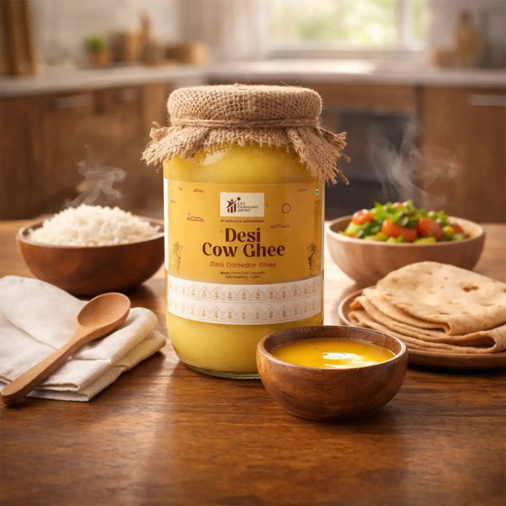 desi cow ghee, pure desi cow ghee, traditional cow ghee, bilona style cow ghee, sattvic desi ghee, ayurvedic cow ghee, grainy texture desi ghee, natural cow milk ghee, desi cow ghee by acharya lavbhushan