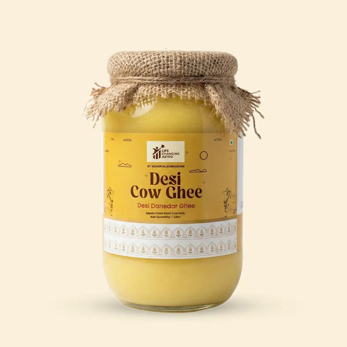 desi cow ghee, pure desi cow ghee, traditional cow ghee, bilona style cow ghee, sattvic desi ghee, ayurvedic cow ghee, grainy texture desi ghee, natural cow milk ghee, desi cow ghee by acharya lavbhushan