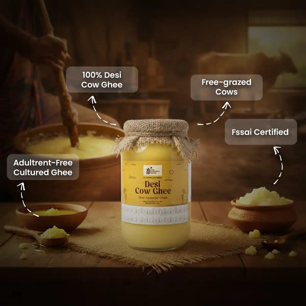 desi cow ghee, pure desi cow ghee, traditional cow ghee, bilona style cow ghee, sattvic desi ghee, ayurvedic cow ghee, grainy texture desi ghee, natural cow milk ghee, desi cow ghee by acharya lavbhushan