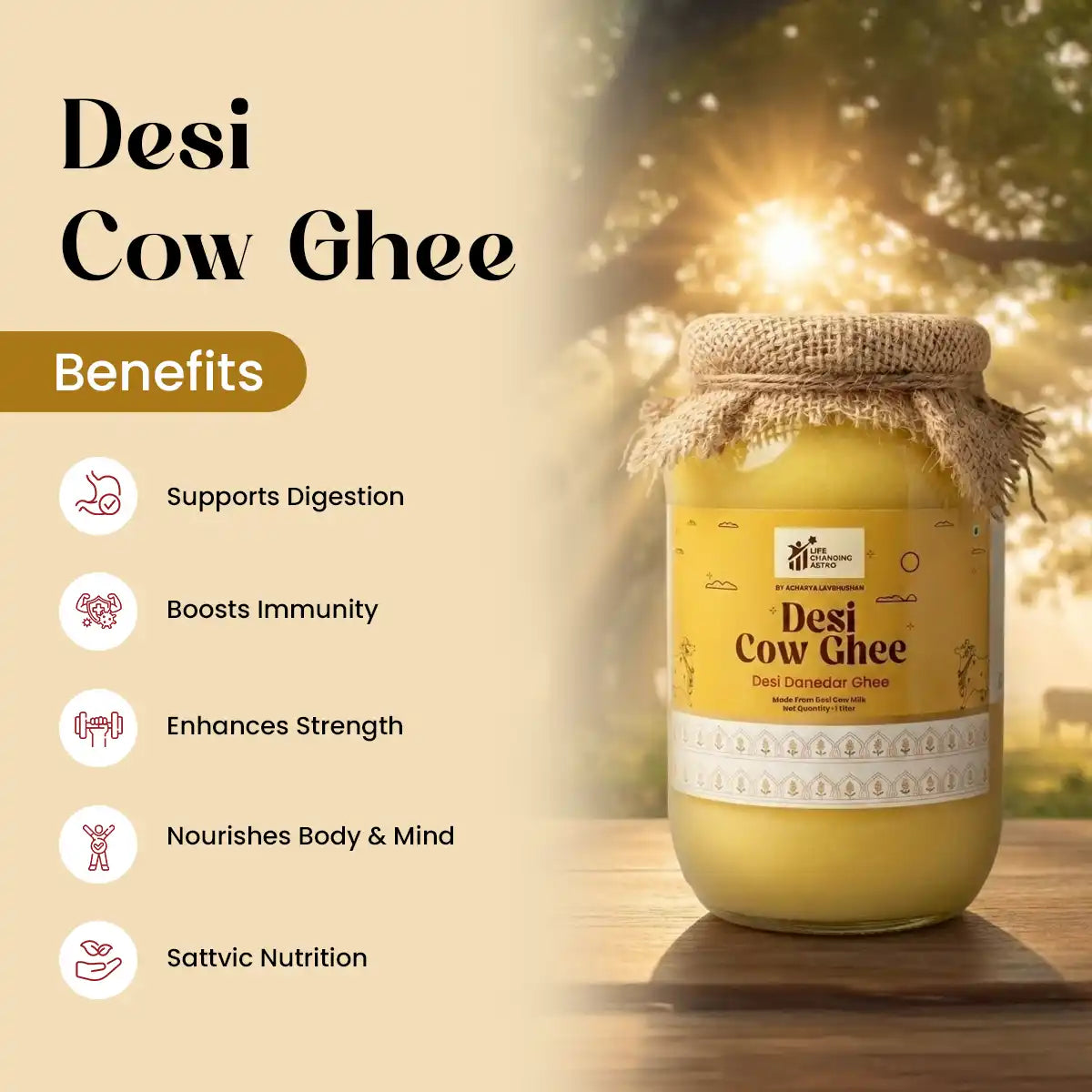 desi cow ghee, pure desi cow ghee, traditional cow ghee, bilona style cow ghee, sattvic desi ghee, ayurvedic cow ghee, grainy texture desi ghee, natural cow milk ghee, desi cow ghee by acharya lavbhushan, benefits 