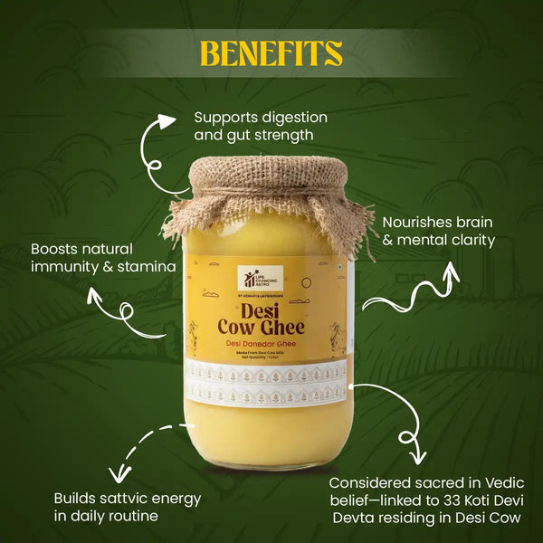 desi cow ghee, pure desi cow ghee, traditional cow ghee, bilona style cow ghee, sattvic desi ghee, ayurvedic cow ghee, grainy texture desi ghee, natural cow milk ghee, desi cow ghee by acharya lavbhushan