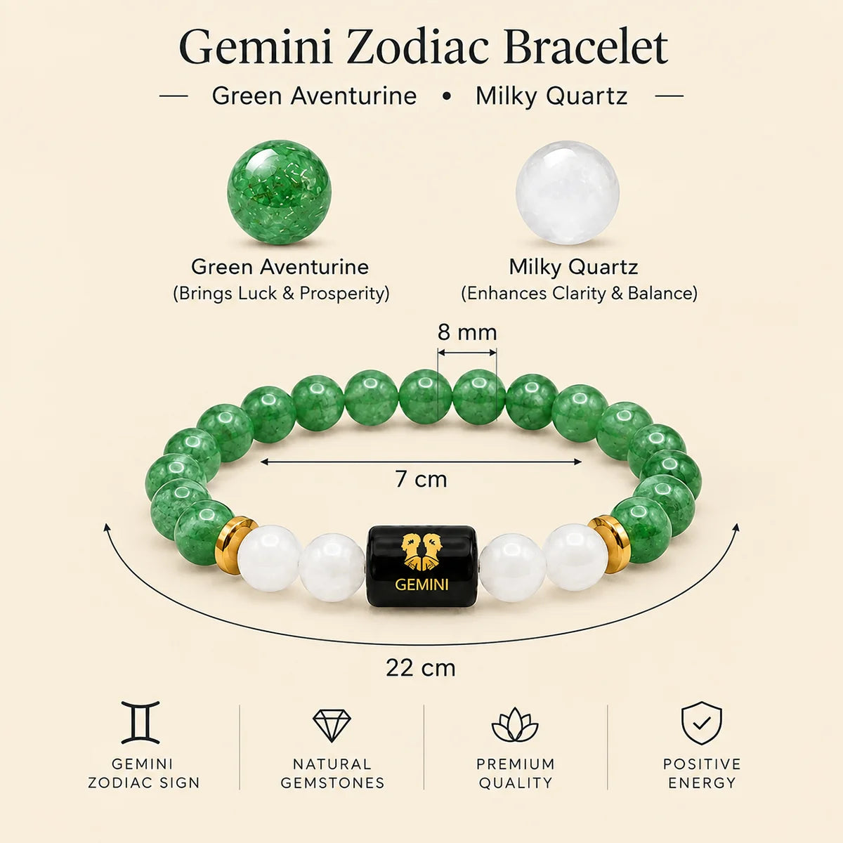 Gemini (Mithun) Rashi Bracelet | Natural Green Aventurine & Milky Quartz