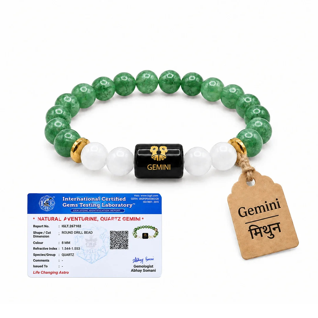 Gemini (Mithun) Rashi Bracelet | Natural Green Aventurine & Milky Quartz