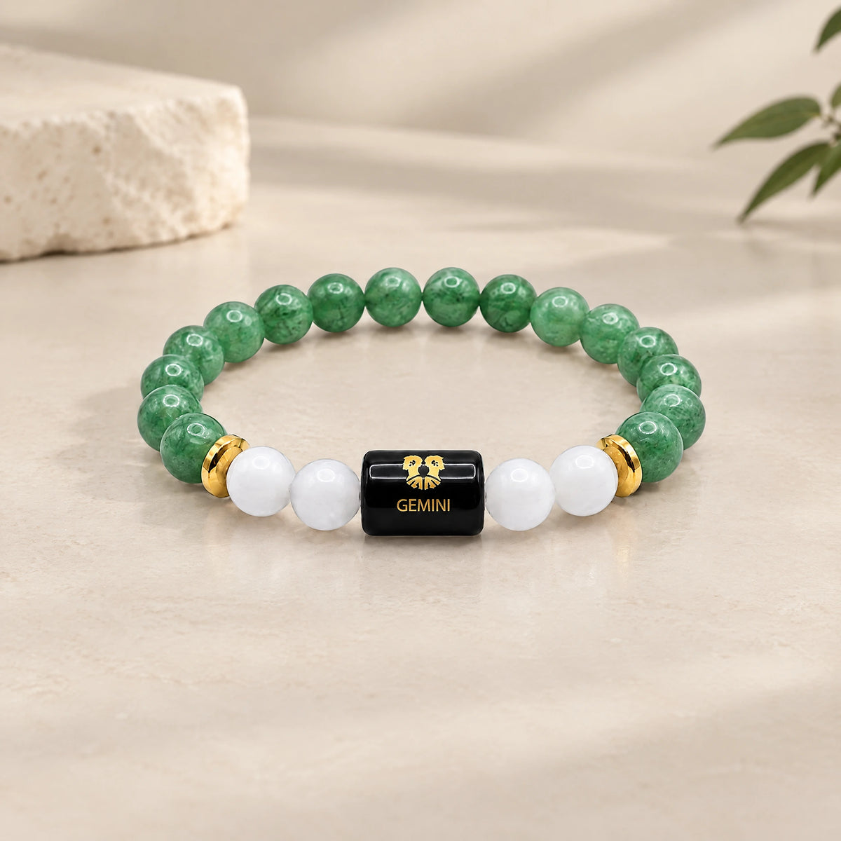 Gemini (Mithun) Rashi Bracelet – Natural Green Aventurine and Milky Quartz