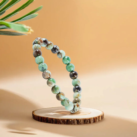 green opal bracelet, natural green opal gemstone bracelet, emotional renewal stone bracelet, peace positivity crystal jewelry, grounding gemstone bracelet, emotional balance jewelry, daily wear spiritual bracelet, bracelet by acharya lavbhushan