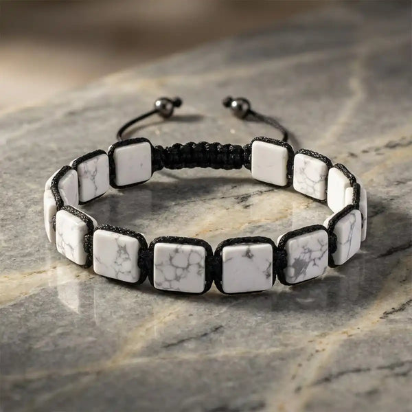 howlite bracelet acharya lavbhushan, natural howlite stone bracelet, calm patience stone, emotional balance bracelet, grounding crystal bracelet, spiritual healing stone, daily wear gemstone bracelet, mindfulness jewelry