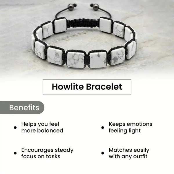 howlite bracelet acharya lavbhushan, natural howlite stone bracelet, calm patience stone, emotional balance bracelet, grounding crystal bracelet, spiritual healing stone, daily wear gemstone bracelet, mindfulness jewelry, benefits
