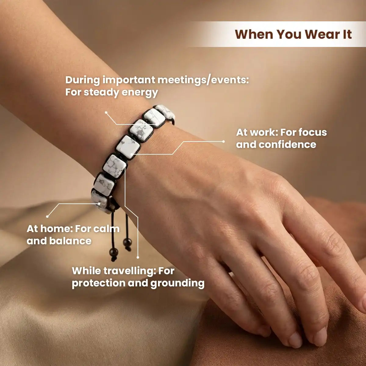 
                    
                      howlite bracelet acharya lavbhushan, natural howlite stone bracelet, calm patience stone, emotional balance bracelet, grounding crystal bracelet, spiritual healing stone, daily wear gemstone bracelet, mindfulness jewelry, when you wear it 
                    
                  