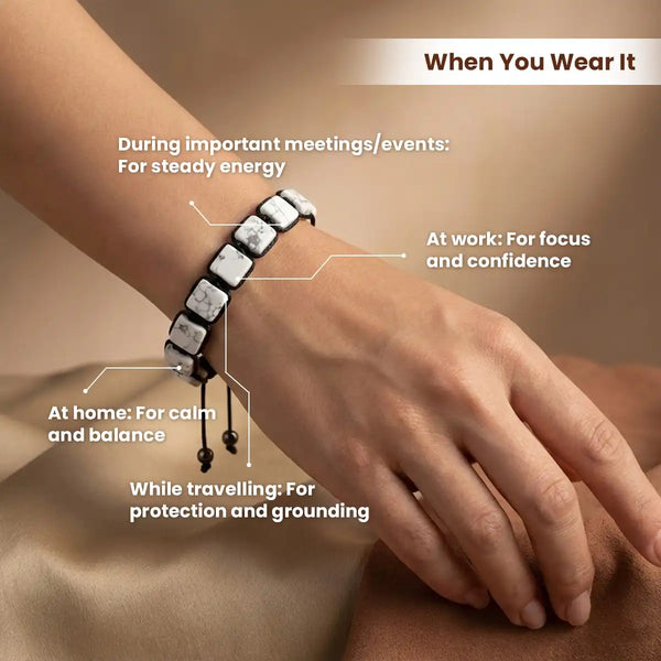 howlite bracelet acharya lavbhushan, natural howlite stone bracelet, calm patience stone, emotional balance bracelet, grounding crystal bracelet, spiritual healing stone, daily wear gemstone bracelet, mindfulness jewelry, when you wear it 