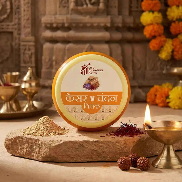 kesar chandan tilak, chandan kesar tilak for pooja, saffron sandalwood tilak, tilak for festivals and rituals, sattvic tilak for worship, spiritual tilak for devotion, auspicious tilak for pooja, tilak for positivity, kesar chandan by acharya lavbhushan