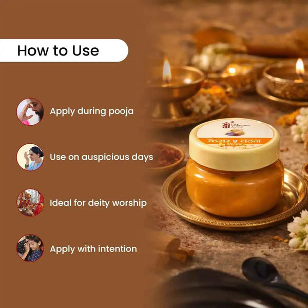 kesar chandan tilak, chandan kesar tilak for pooja, saffron sandalwood tilak, tilak for festivals and rituals, sattvic tilak for worship, spiritual tilak for devotion, auspicious tilak for pooja, tilak for positivity, kesar chandan by acharya lavbhushan, how to use 