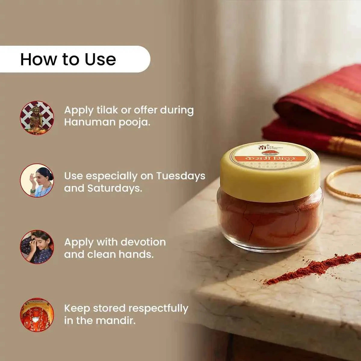 
                    
                      kesari sindoor, hanuman ji sindoor, kesari sindoor for hanuman puja, hanuman puja samagri, saffron sindoor for worship, bal veerata bhakti sindoor, mangal sindoor for tuesday saturday puja, sankat nivaran puja sindoor, kesari sindoor by acharya lavbhushan, how to use 
                    
                  