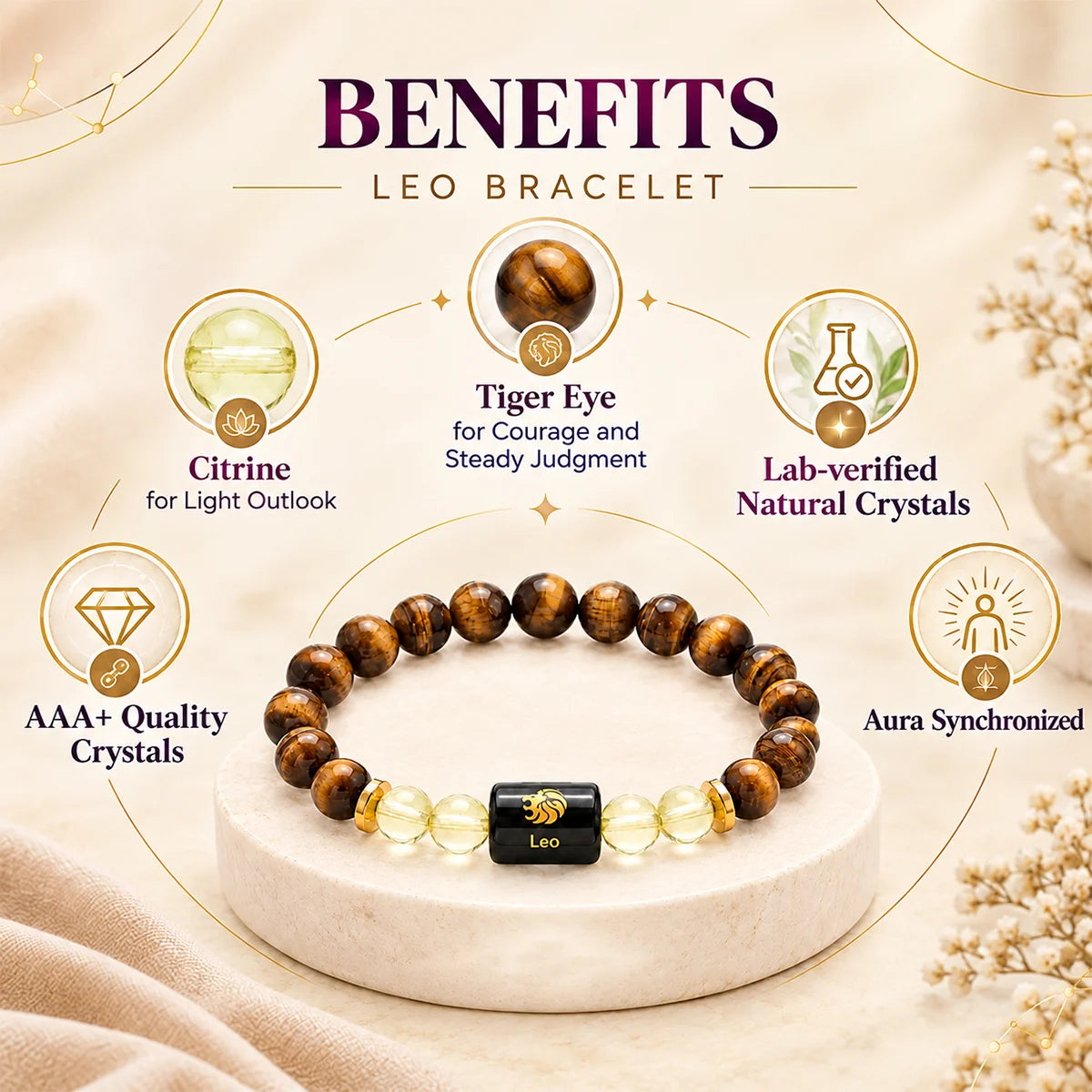 Leo (Singh) Rashi Bracelet – Natural Tiger Eye and Citrine Beads for Surya