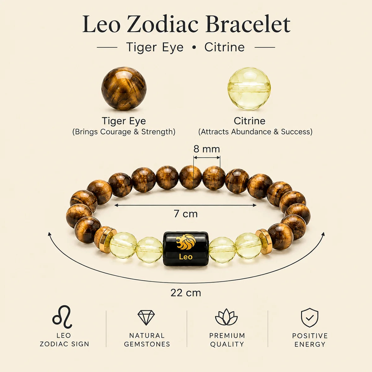 Leo (Singh) Rashi Bracelet – Natural Tiger Eye and Citrine Beads for Surya