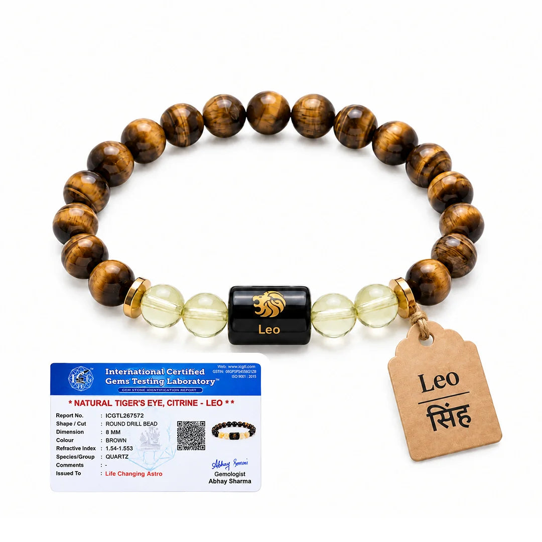 Leo (Singh) Rashi Bracelet – Natural Tiger Eye and Citrine Beads for Surya