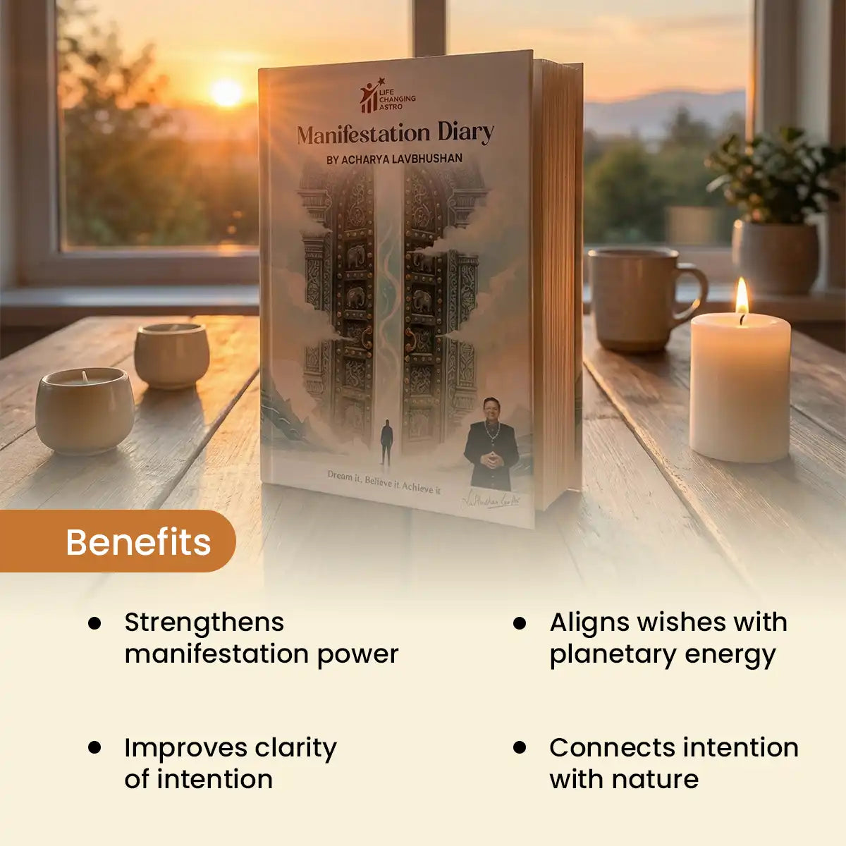 manifestation diary, intention journal for manifestation, spiritual manifestation notebook, law of attraction diary, planetary energy journal, navgraha manifestation diary, tulsi seed manifestation journal, spiritual journaling book, manifestation diary by acharya lavbhushan, benefits 