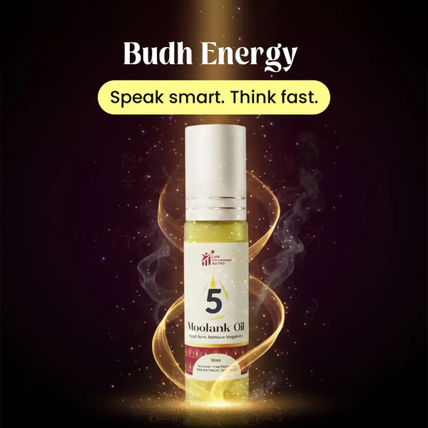 moolank 5 oil acharya lavbhushan, numerology oil, mercury energy oil, budh remedy, adaptability intellect oil, communication clarity oil, versatility focus energy, essential oil blend, spiritual energy oil, born 5 14 23
