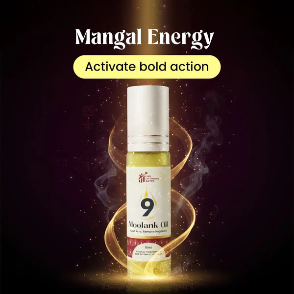 moolank 9 oil acharya lavbhushan, numerology oil, mars energy oil, mangal remedy, courage determination oil, passion motivation energy, dynamic action focus, essential oil blend, spiritual energy oil, born 9 18 27