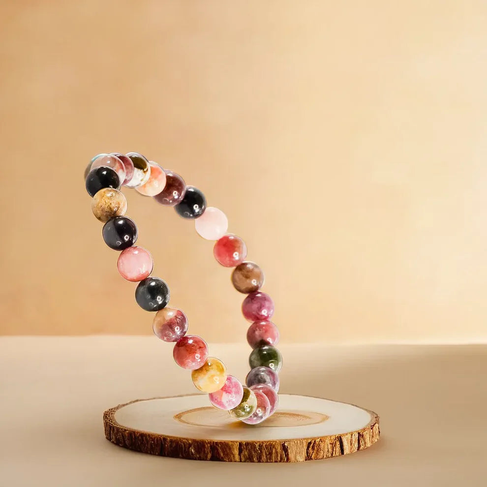 multi color tourmaline bracelet, natural tourmaline stone bracelet, protection bracelet, emotional balance gemstone bracelet, grounding crystal jewelry, daily wear gemstone bracelet, mindfulness stone bracelet, spiritual bracelet by acharya lavbhushan