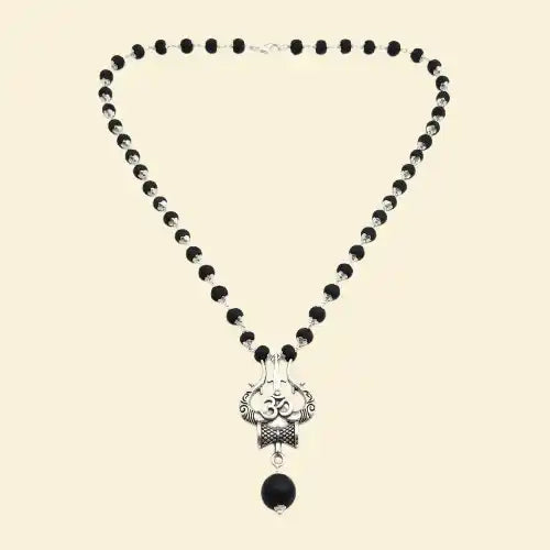 Original Karungali Mala with Silver Plated Om Trishul Pendant