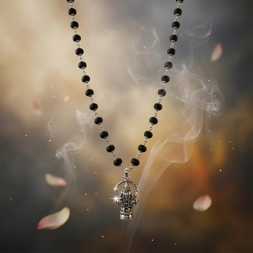 Original Silver Plated Karungali Mala with Lord Ayyappa Pendant