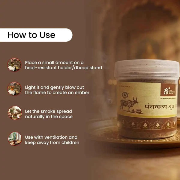 panch gavya dhoop powder, panchgavya dhoop, cow dung dhoop powder, eco friendly dhoop, organic dhoop powder, temple dhoop powder, sattvic dhoop for pooja, traditional havan dhoop, spiritual dhoop powder, dhoop by acharya lavbhushan, how to use 