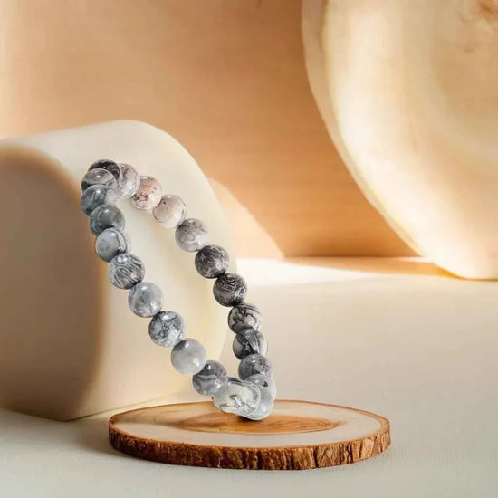 picasso jasper bracelet, natural picasso jasper stone bracelet, calm focus gemstone, balance crystal bracelet, grounding stone jewelry, emotional balance gemstone, daily wear spiritual bracelet, bracelet by acharya lavbhushan