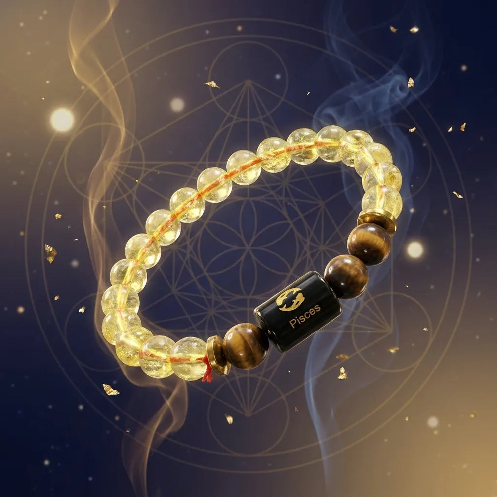Pisces Rashi Bracelet Citrine and Tiger Eye beads worn on the wrist