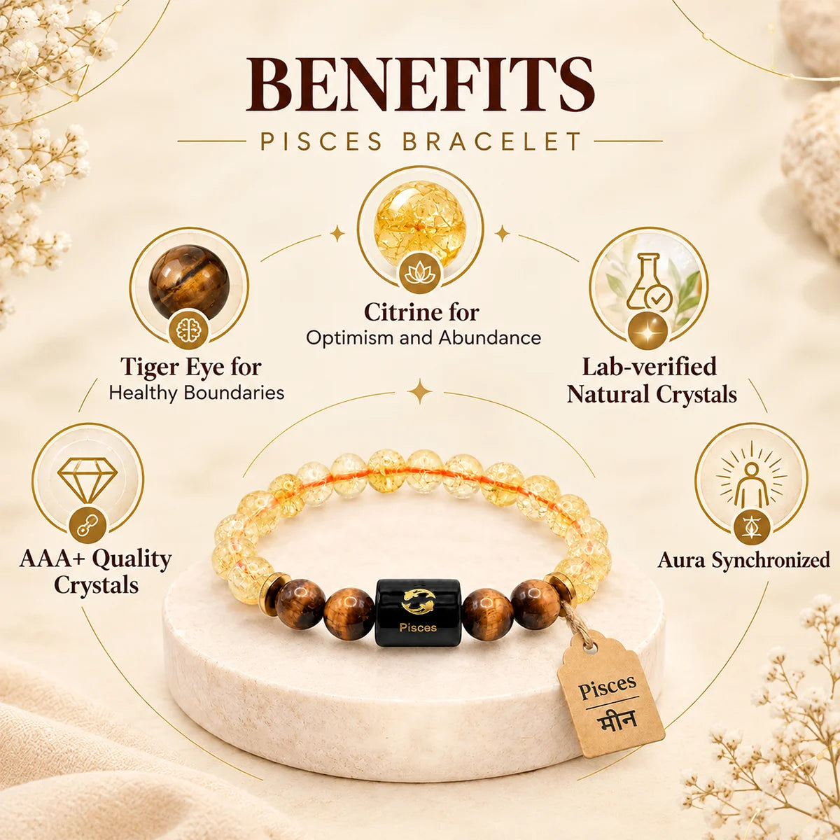 Pisces (Meen) Rashi Bracelet – Natural Citrine and Tiger Eye Beads for Guru