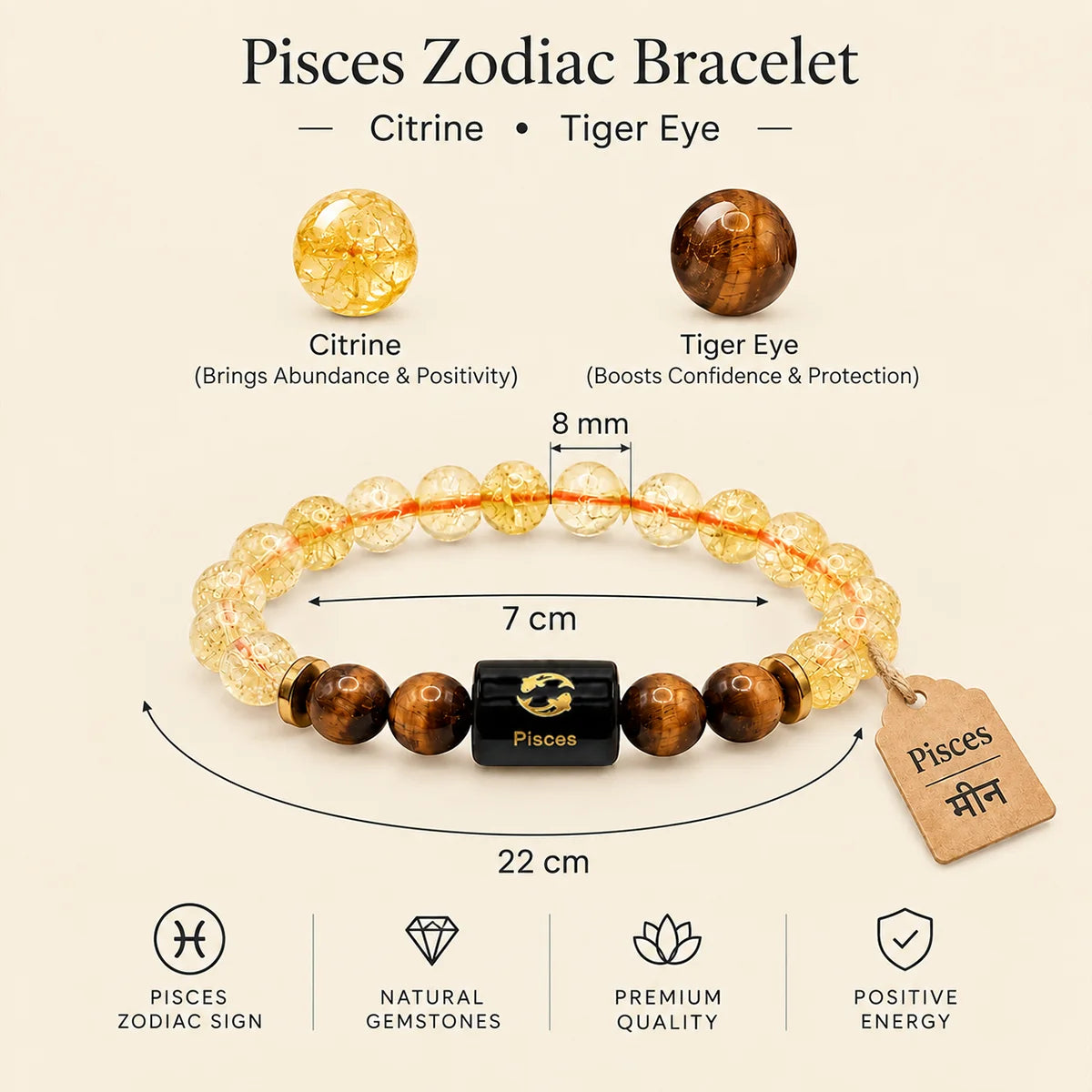 Pisces (Meen) Rashi Bracelet – Natural Citrine and Tiger Eye Beads for Guru