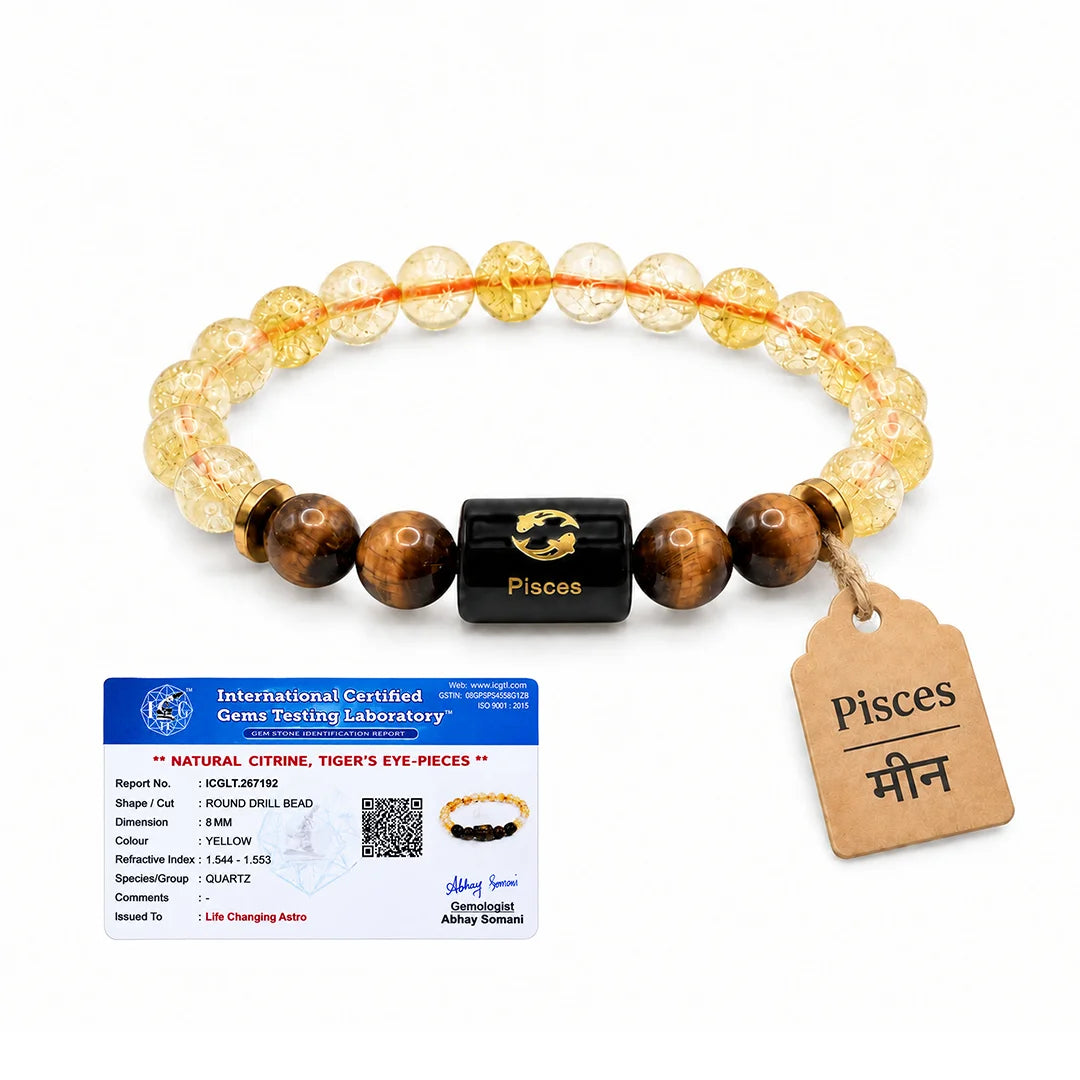 Pisces (Meen) Rashi Bracelet – Natural Citrine and Tiger Eye Beads for Guru