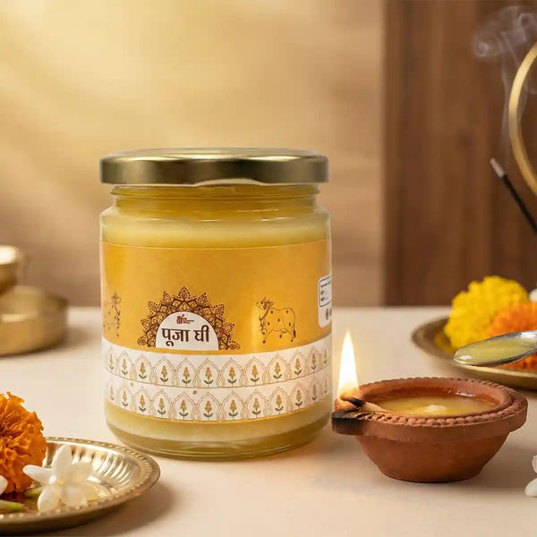 pooja ghee, desi cow ghee for pooja, havan ghee, diya ghee for puja, pure desi ghee spiritual use, sanatan dharma pooja ghee, sattvic ghee for rituals, temple ghee for diya, pooja ghee by acharya lavbhushan