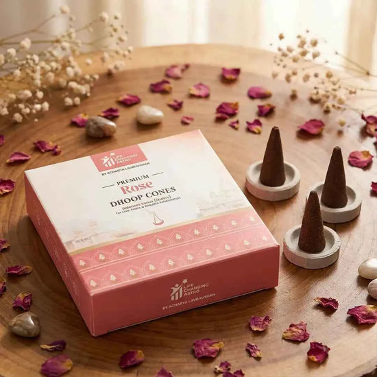 premium rose dhoop cones, rose dhoop, organic dhoop cones, bamboo less dhoop cones, charcoal free dhoop, cow dung dhoop cones, floral aroma dhoop, calming fragrance dhoop, dhoop cones by acharya lavbhushan