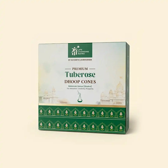 premium tuberose dhoop cones, tuberose dhoop, organic dhoop cones, bamboo less dhoop cones, charcoal free dhoop, cow dung dhoop cones, uplifting fragrance dhoop, spiritual dhoop for pooja, dhoop cones by acharya lavbhushan
