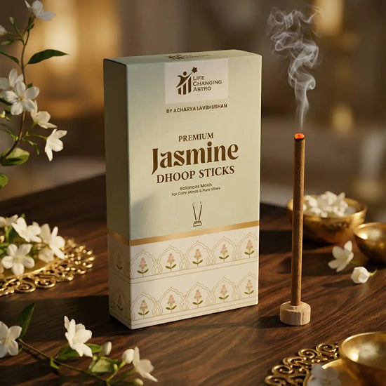 premium jasmine dhoop sticks, jasmine dhoop, organic dhoop sticks, bamboo less dhoop sticks, charcoal free dhoop, cow dung dhoop sticks, uplifting fragrance dhoop, spiritual dhoop for pooja, dhoop sticks by acharya lavbhushan