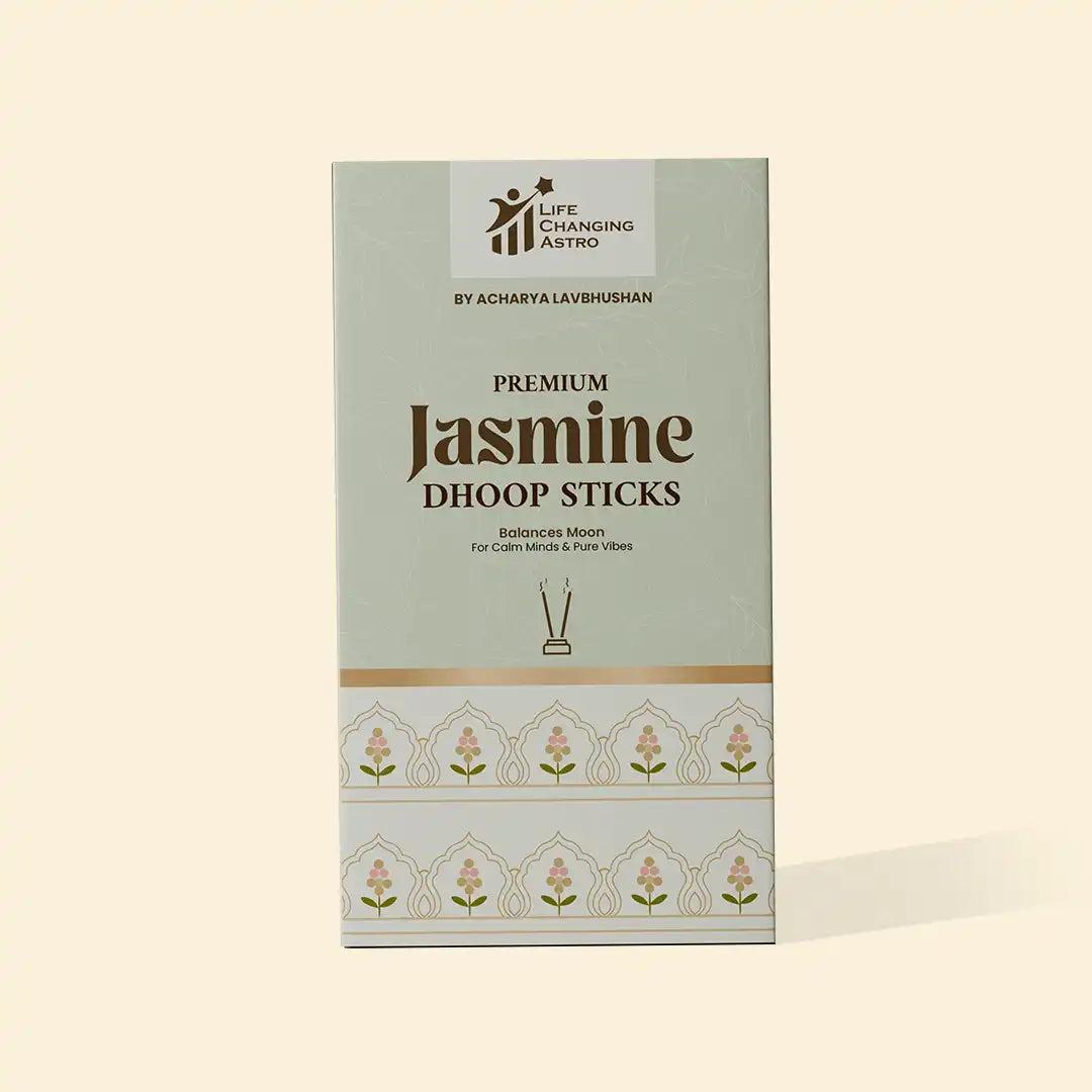 premium jasmine dhoop sticks, jasmine dhoop, organic dhoop sticks, bamboo less dhoop sticks, charcoal free dhoop, cow dung dhoop sticks, uplifting fragrance dhoop, spiritual dhoop for pooja, dhoop sticks by acharya lavbhushan