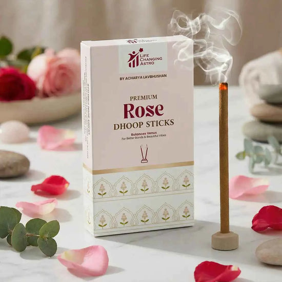 premium rose dhoop sticks, rose dhoop sticks, organic dhoop sticks, bamboo less dhoop sticks, charcoal free dhoop, cow dung dhoop sticks, long lasting rose fragrance dhoop, spiritual dhoop for pooja, dhoop sticks by acharya lavbhushan