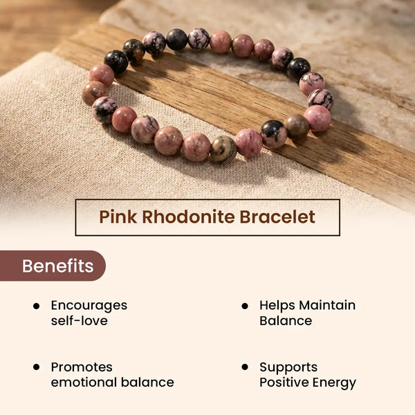 rhodonite bracelet, natural rhodonite stone bracelet, emotional healing bracelet, self-love balance bracelet, grounding crystal jewelry, emotional balance gemstone, daily wear gemstone bracelet, spiritual bracelet by acharya lavbhushan, how to use 