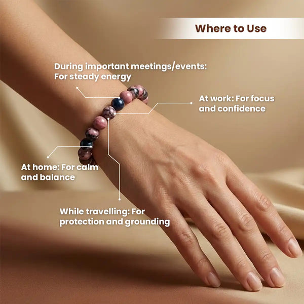 rhodonite bracelet, natural rhodonite stone bracelet, emotional healing bracelet, self-love balance bracelet, grounding crystal jewelry, emotional balance gemstone, daily wear gemstone bracelet, spiritual bracelet by acharya lavbhushan, how to use 